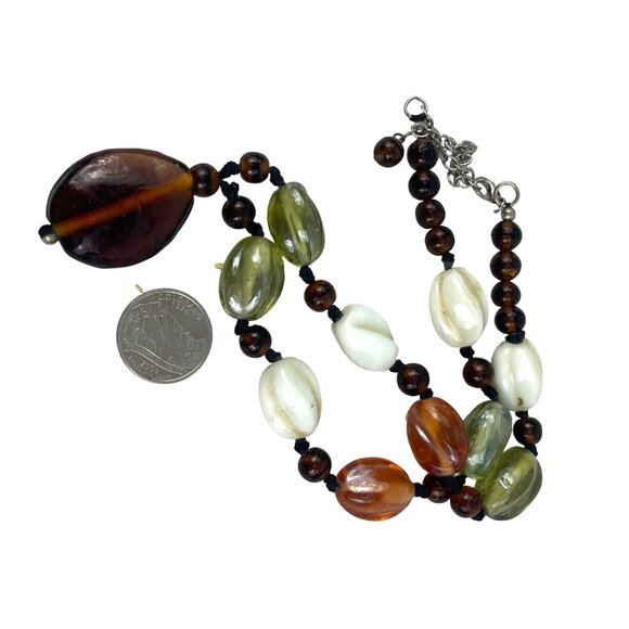 Vintage Chunky Glass Beaded Necklace 20" With Earthtone Pendant Boho Style - Picture 6 of 6